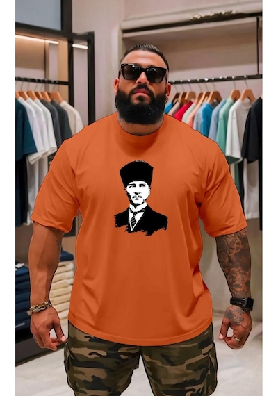 Atatürk Baskılı Oversize Unisex Tişört Turuncu