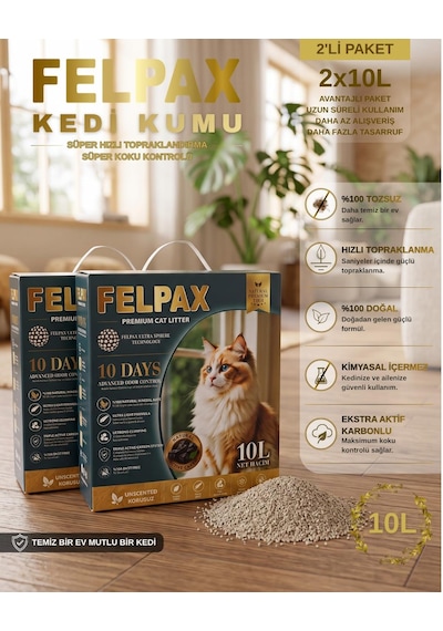 Felpax %100 Tozsuz Premium Aktif Karbonlu Hızlı Topaklanan Kedi Kumu 10l X 2 Adet