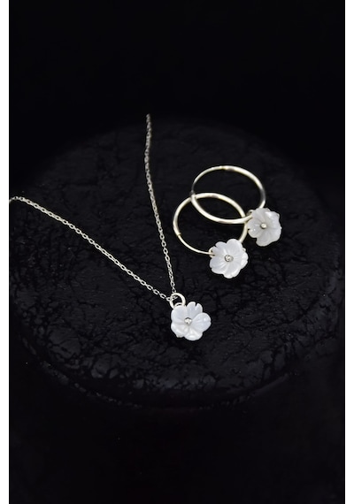 Papatya Silver 925 Ayar Gümüş Rodyum Kaplama Sedef Manolya Çiçeği Kolye ve Halka Küpe Set
