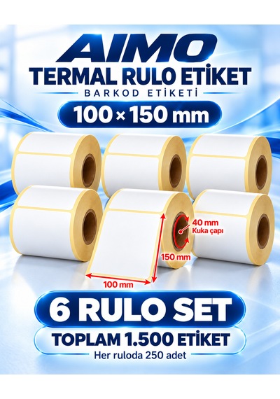 Aimo 100x150 Termal Etiket 1500 Adet 6 Rulo 250 Etiket 1