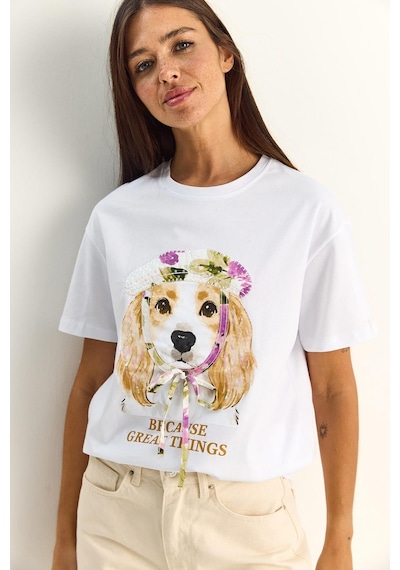 Shade Kadın Baskı Ve Payet Detaylı Fiyonklu Basic T-shirt 7643 60286115 - Beyaz