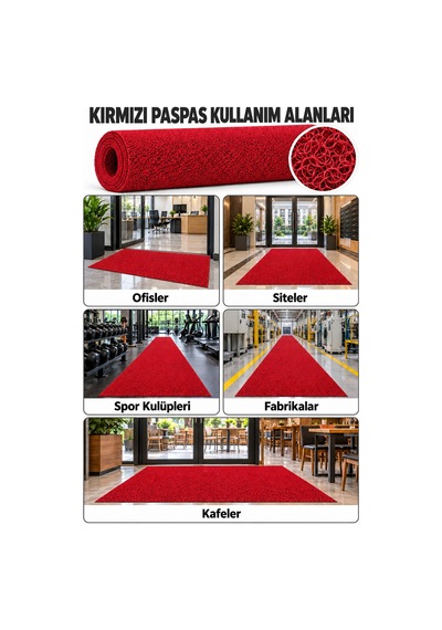 Hortumtech Kıvırcık Paspas Kir Tutucu Pvc Kapı Önü İç Dış Mekan Eko 12 Mm - Kırmızı 100 X 200 Cm