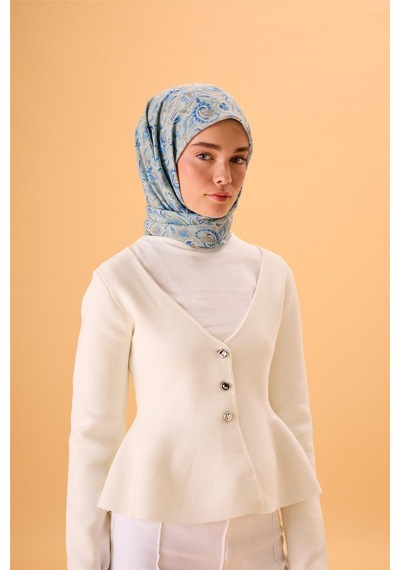 Silk Home İnce Pamuk Soft Eşarp Su Yeşili-gök Mavi Desenli Kaymaz Dokulu Tok Duruşlu 90x90 Çok Renkli