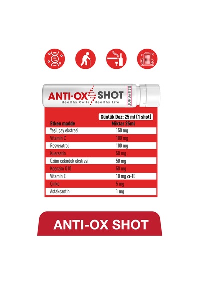 Anti-oxshot Resveratrol, Yeşil Çay, Kuersetin İçeren Gıda Takviyesi 14 Shot