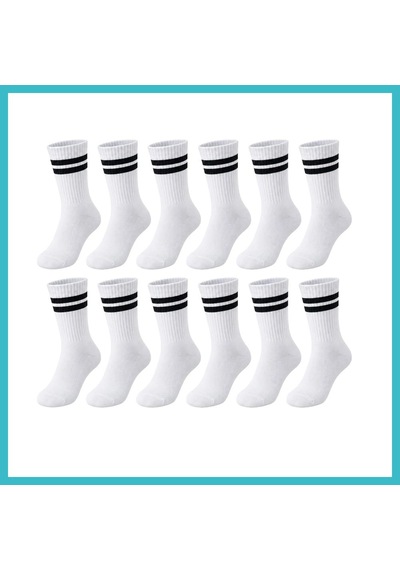 Bezos Unisex Beyaz Çorap Siyah Çizgili 12'li Set Uzun Soket Günlük Spor Kolej Stil Kadın Erkek Çorabı Dfnbez