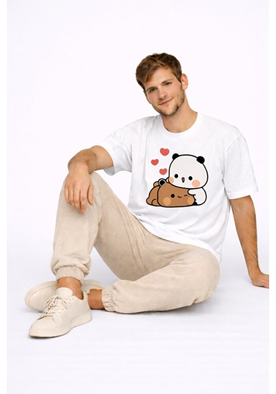 Sevimli Panda Baskılı Sevgili Kombini Çift Tişört Oversize Unisex Beyaz