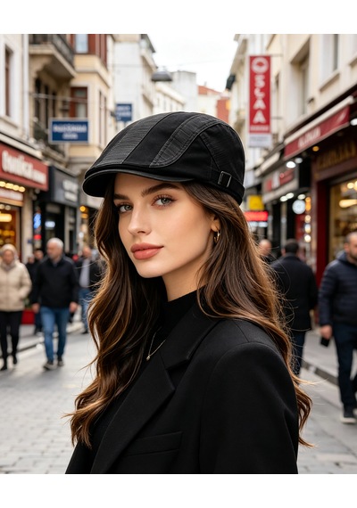 Unisex Klasik Gözlük Şapkası Siyah & Haki Retro Flat Cap Mevsimlik Kullanım