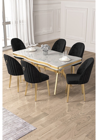 Canisa Pem Serisi 90x160 Lak Panel Beyaz Mermer Desen Gold Ayak Masa Takımı 6 Siyah Sandalye Beyaz Mermer Desen Masa Sandalyeler Siyah Canisa Pem Serisi 90x160 Lak Panel Beyaz Mermer Desen Gold Ayak Masa Takımı 6 Siyah Sandalye Beyaz Mermer Desen Masa Sandalyeler Siyah