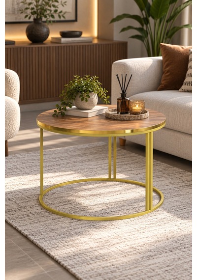 Sulorahome Ceviz Desenli Yuvarlak Orta Sehpa Gold Metal Ayaklı 70 Cm Altın - Ceviz Sulorahome Ceviz Desenli Yuvarlak Orta Sehpa Gold Metal Ayaklı 70 Cm Altın - Ceviz