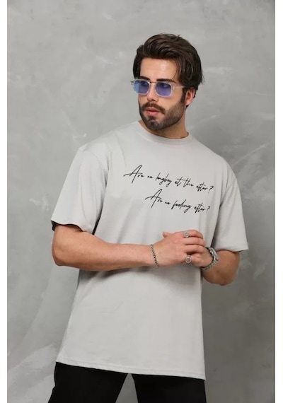 Vexor Unisex Bisiklet Yaka Baskılı Oversize T-shirt - Gri