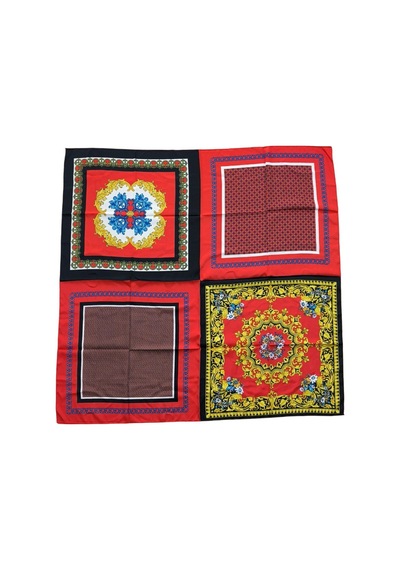 Tikitonki Geometrik Desenli Çok Parçalı Saten Kırmızı Eşarp - 90x90 Karışık Karışık
