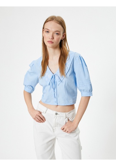 Koton Balon Kol Bluz Bebe Yaka Düğmeli Kısa Kollu Nakışlı Slim Fit Mavi 4sal60052ıw Mavi