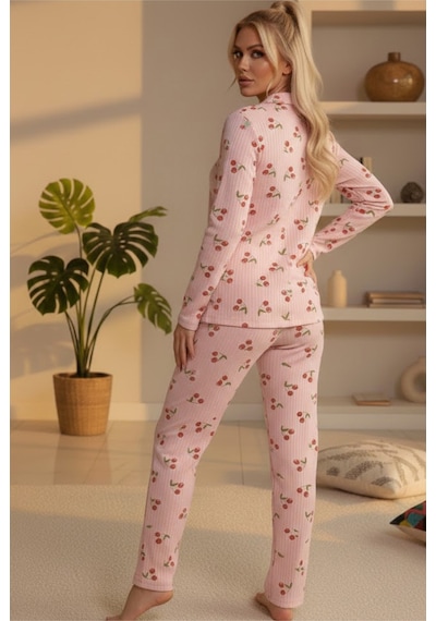 Siyah İnci Yumuşak Tuşe Kışlık Fitilli Düğmeli Pamuklu Örme Pijama Takım 7980 Somon Kiraz