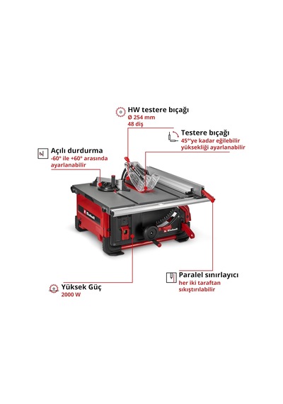 Tezgah Testeres Te-ts 10 T 2000 W, 89 Mm Kesme Yüksekliği, Ø 254 Mm Testere Bıçağı, Tezgah Genişliği Uzatması, Açılı Durdurma, Paralel Durdurma, İtme Çubuğu, Toz Emiş Bağlantısı