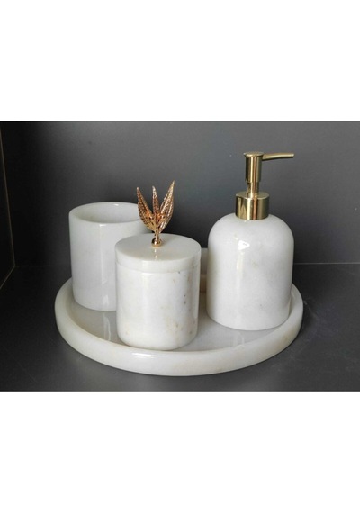 Beyaz Mermer 5'li Banyo Seti Gold Zeytin Dalı Aksesuarlı Beyaz