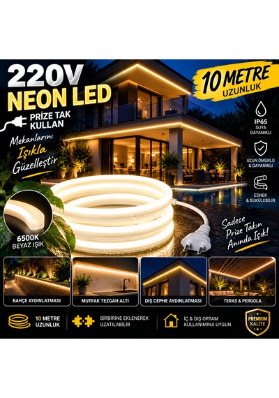 10 Metre 6500k Beyaz Neon Led 220v Tak Çalıştır Ip65 Ultra Parlak Esnek Hortum Led İç Dış Mekan Dekoratif Aydınlatma 6500K - Beyaz Işık