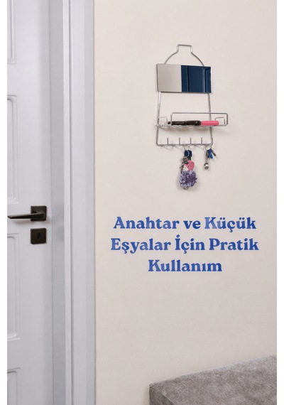 Parlak Silver Modern Duvar Anahtarlığı Raflı, Askılı Organizer, Aynalı Yapışkanlı, Montaj Gerektirmez Gümüş