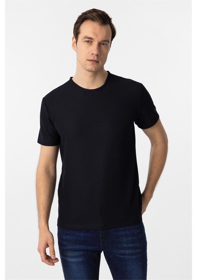 Süvari Lacivert Slim Fit Armürlü Bisiklet Yaka Tişört-37338 Lacivert