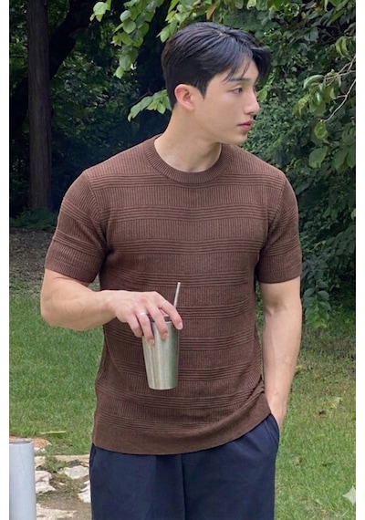 Tarz Cool Fitilli Triko Tişört Erkek Slim Fit Yazlık Premium Basic Üst Kahverengi