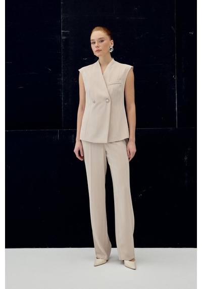 Sateen Anna Çizgili Pantolon - Bej-137091 Bej