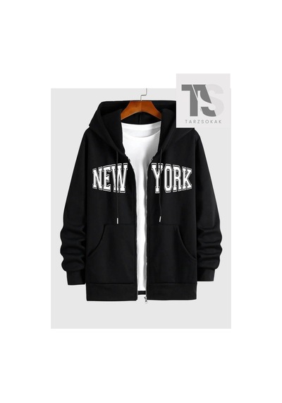 Tarzsokak New York Yazılı Sweatshirt Fermuarlı Hırka Siyah