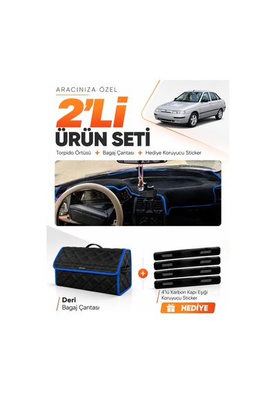 Lada Vega 1995-2007 Uyumlu Torpido Örtüsü + Deri Bagaj Çantası + Sticker Seti - Siyah Mavi