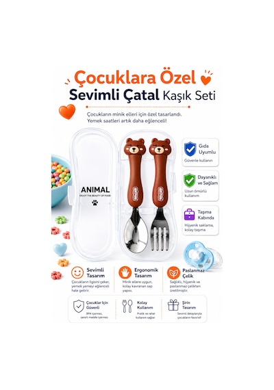 Kahverenk Ayı Figürlü Premium Çocuk Bpa Free Paslanmaz Çelik Uçlu Çatal-kaşık Set 24+ Ay