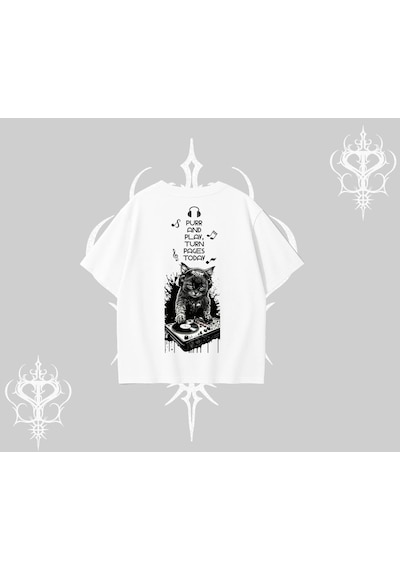 Tarzsokak Dj Kedi Baskılı Müzik Temalı Oversize Tshirt Beyaz
