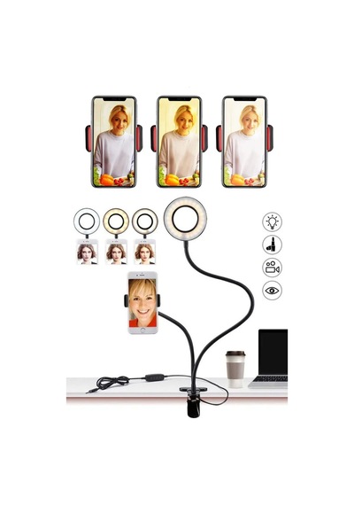 Thentech Led Işık Ve Telefon Tutuculu Hareket Ettirilebilir Masaya, Tezgaha Sabitlenebilir Yuvarlak Led Siyah
