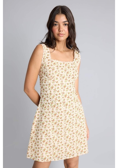 Defacto %100 Pamuk Bodycon Vücudu Saran Kare Yaka Çiçekli Askılı Mını Ecru Elbise H0989ax26smer105 Ekru-er105