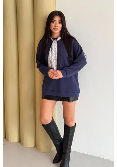 Balenbi Premium Modal Fular Detaylı Bisiklet Yaka Oversize Tunik 1177 Lacivert