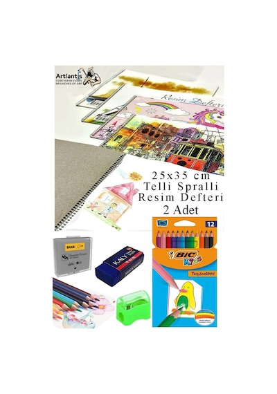 12 Renk Bic Kuru Boya 25x35 Cm Telli Spralli Resim Defteri Hamur Silgi Kalemtraş 15 Yaprak Resim Defteri Kuruboya Kalem