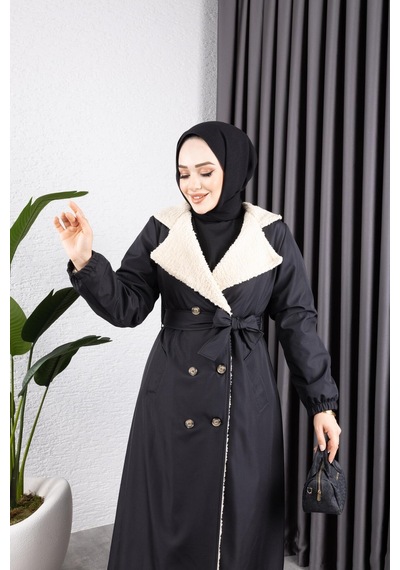 Harman Butik Kadın Düğmeli İçi Kürklü Mont Siyah Siyah