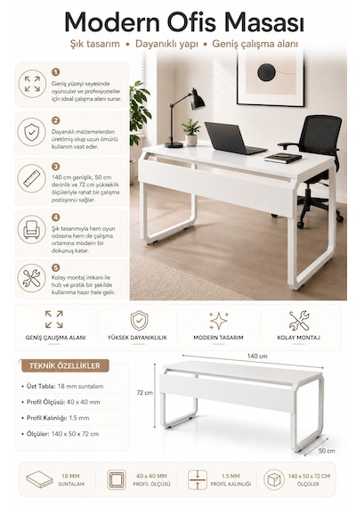 Bilgisayar Ve Oyuncu Çalışma Masası Beyaz - Ofis Masası Geniş Tasarım 140x72x50 Cm