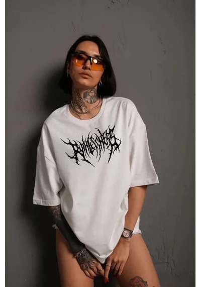 Modi Unisex Bisiklet Yaka Baskılı Oversize T-shirt - Beyaz - Mymg104407