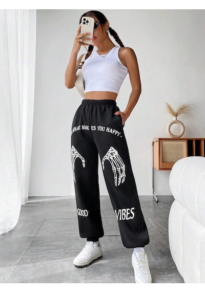 Coolane Skeleton Hand & Letter Graphic Elastic Waist 4 Mevsim Eşofman Siyah