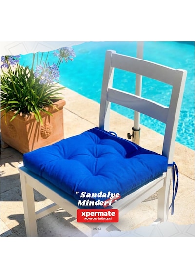 Pofuduk Sandalye Minderi Bağcıklı 40x40 Cm Yıkanabilir Dekoratif Mutfak Bahçe Piknik Minderi Mavi