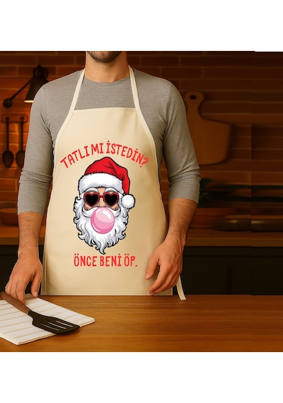 Yılbaşı Mutfak Önlüğü Yeni Yıl Noel Baba Beni Öp Tasarımlı Önlük Çok Renkli