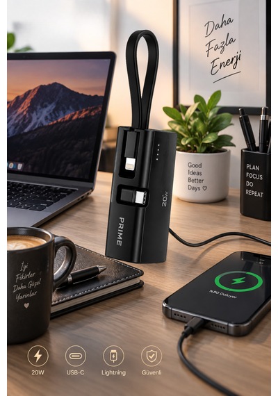 5000 Mah Powerbank 20w Pd Hızlı Şarj Dahili Lightning Kablolu Usb-c Taşınabilir Şarj Cihazı siyah