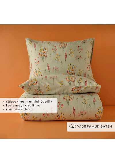 Bella Maison %100 Pamuk Saten Flores Çift Kişilik Nevresim Seti Açık Yeşil 200 x 220 CM Yeşil