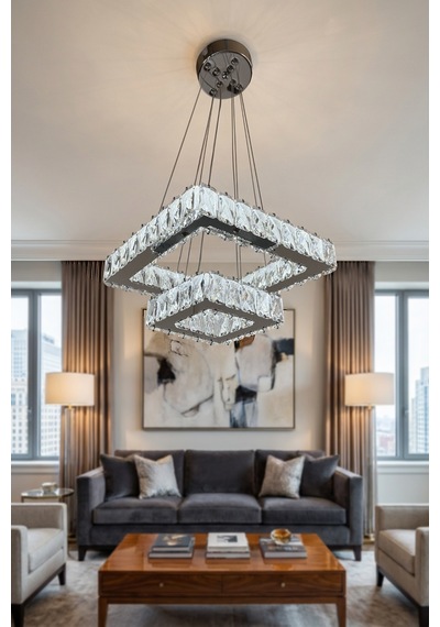 2 Katlı Kare Kristal Modern Sarkıt Led Avize Çok Renkli