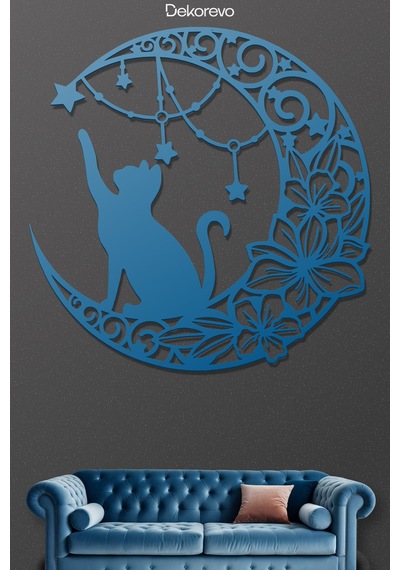 Floral Hilal Ve Kedi Silüeti Dekoratif Metal Tablo - Metal Duvar Sanatı - Mavi - 50 X 50 Cm