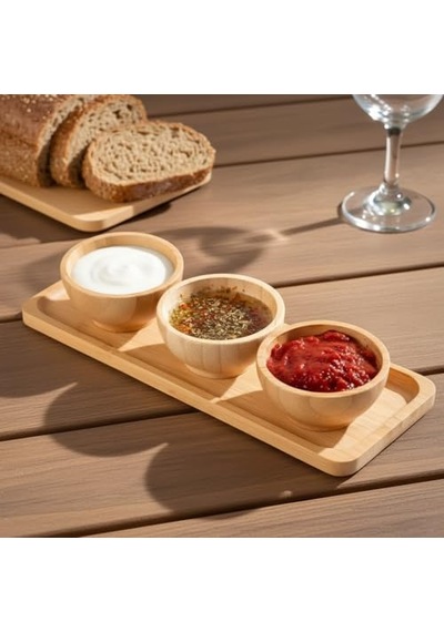 Doğal Bambu Standlı 3'lü Yuvarlak Sosluk Ve Çerezlik Seti 20x6,5 Cm - Kahvaltılık İkramlık Takımı Diğer