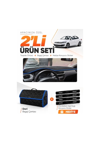 Citroen C-elysee 2012-2022 Uyumlu Torpido Örtüsü + Deri Bagaj Çantası + Sticker Seti - Siyah Mavi