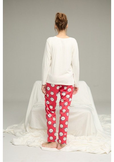 Siyah İnci Saat Desenli Pamuklu Bisiklet Yaka Örme Pijama Takım25241139 Ekru