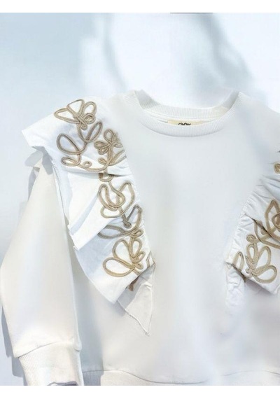 Kız Çocuk Pamuklu Orta Kalınlık Omuzları Fırfırlı Ve Nakışlı Sweatshirt-14447 Ekru