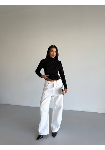 Trendhazan Boğazlı Sandy Kumaş Drapeli Bluz Siyah Siyah