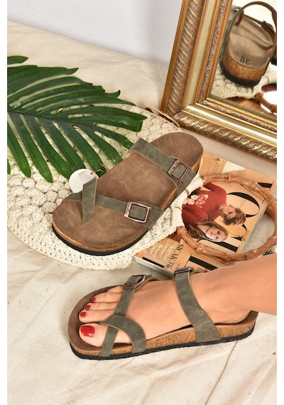 Fox Shoes Yeşil Süet Parmak Arası Kadın Terlik K777613402