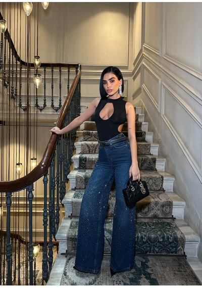 Glammoss L'atelier Yüksek Bel Taş Detaylı Wide Leg Jean Pantolon Bluestone Bluestone