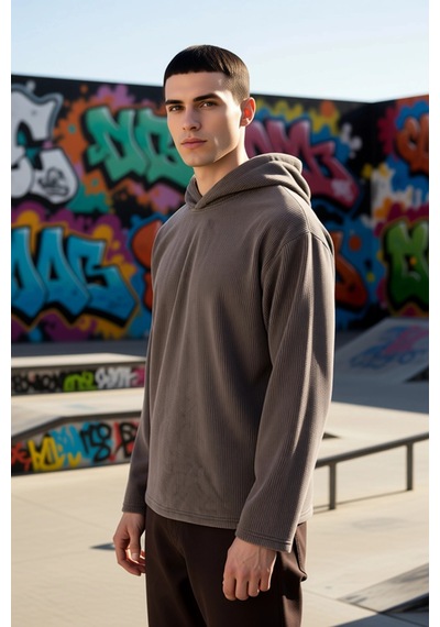 Benerly Erkek Kapüşonlu Standart Kol Fitilli Kadife Oversize Kalıp Sweats Antrasit